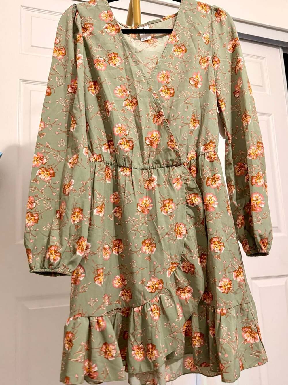 Abound Green Floral Print Long Sleeve Ruffle Faux Wrap Dress
